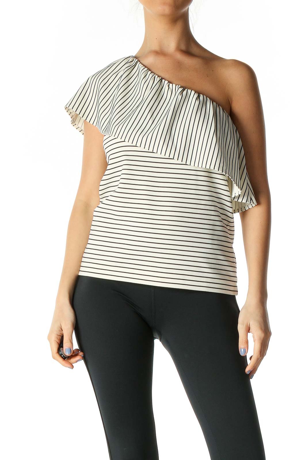 White Striped One Shoulder Blouse Front