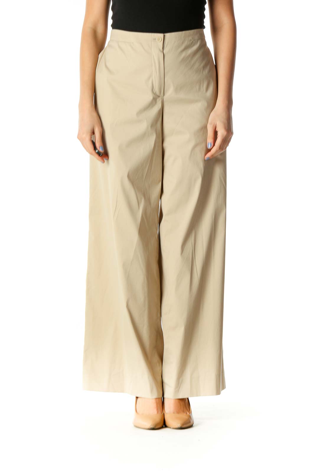 Beige Solid Casual Trousers Front
