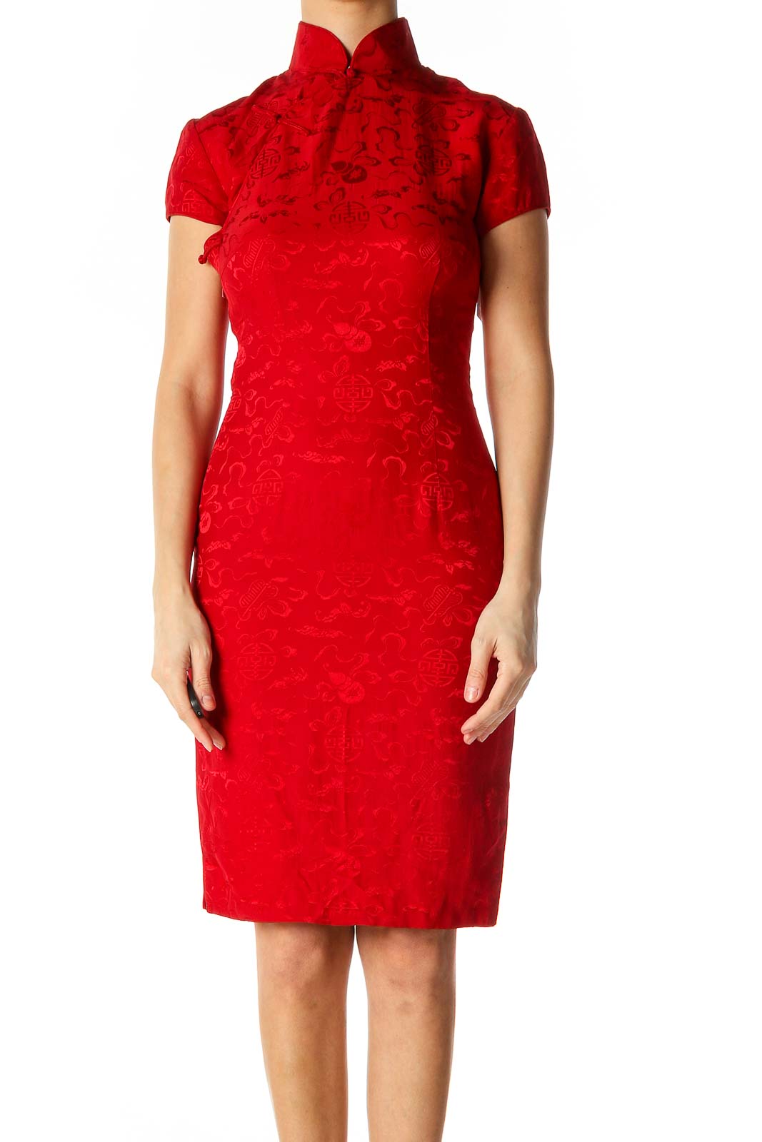 Red Textured Sheath Dress Front