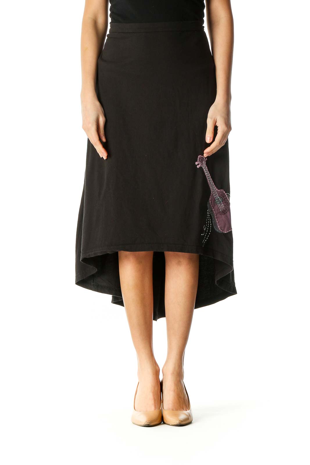 Black Solid Retro Flared Skirt Front