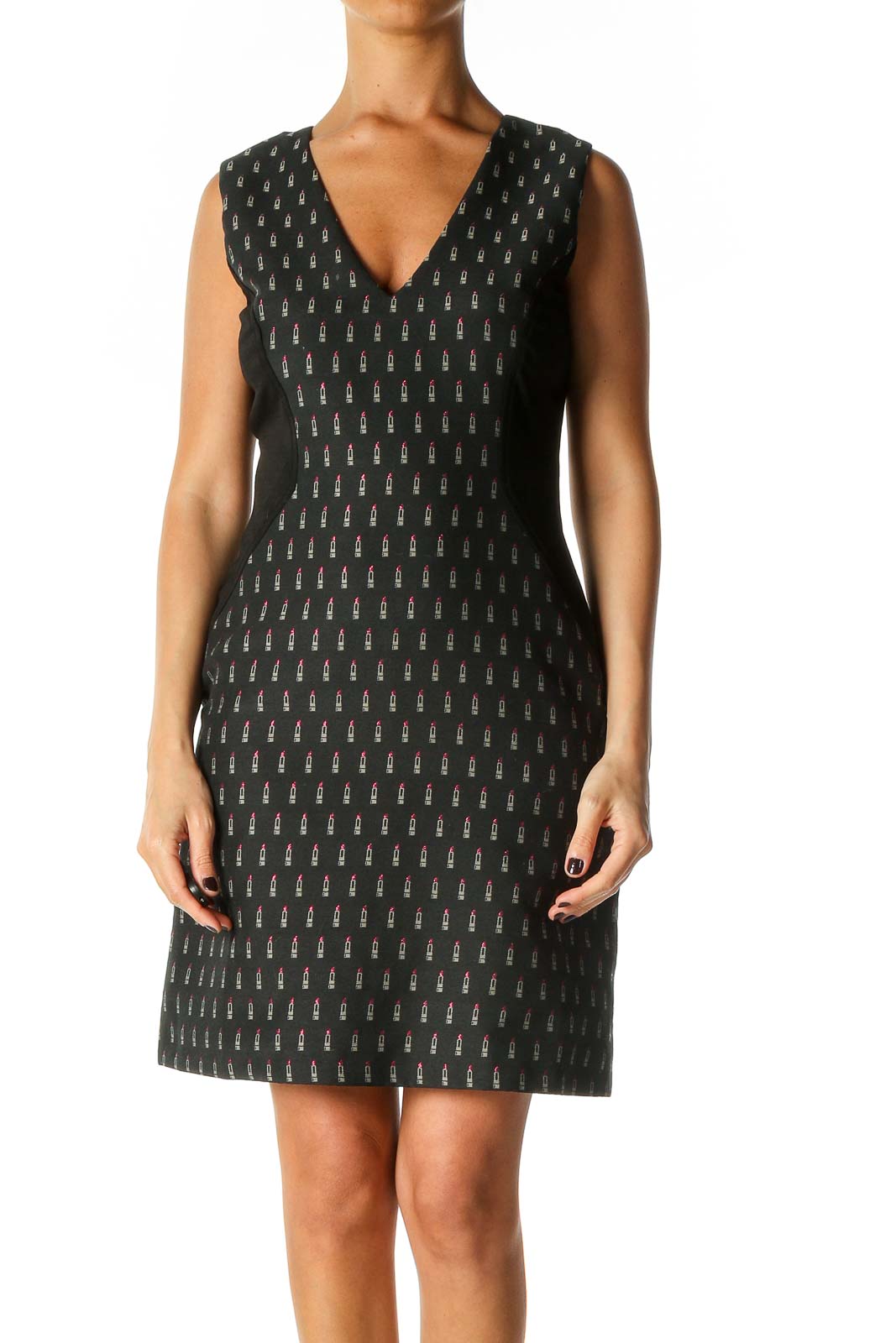 Black Object Print Casual A-Line Dress Front