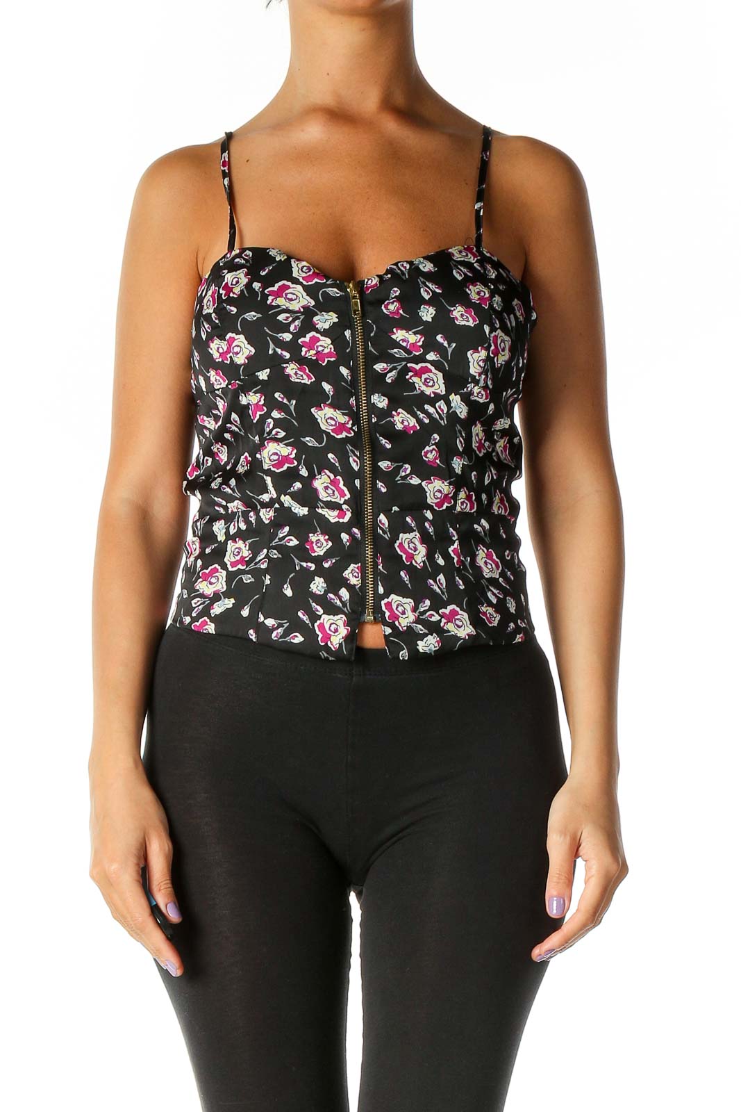 Black Floral Print Chic Top Front