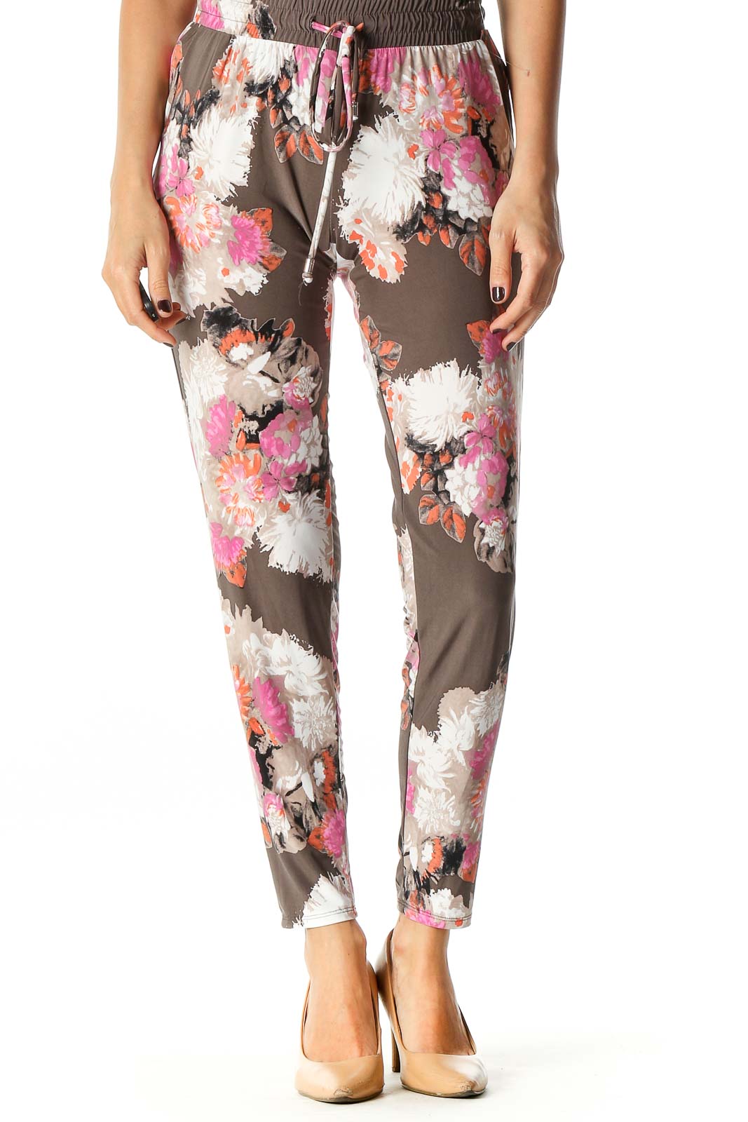 Brown Floral Print Casual Joggers Front