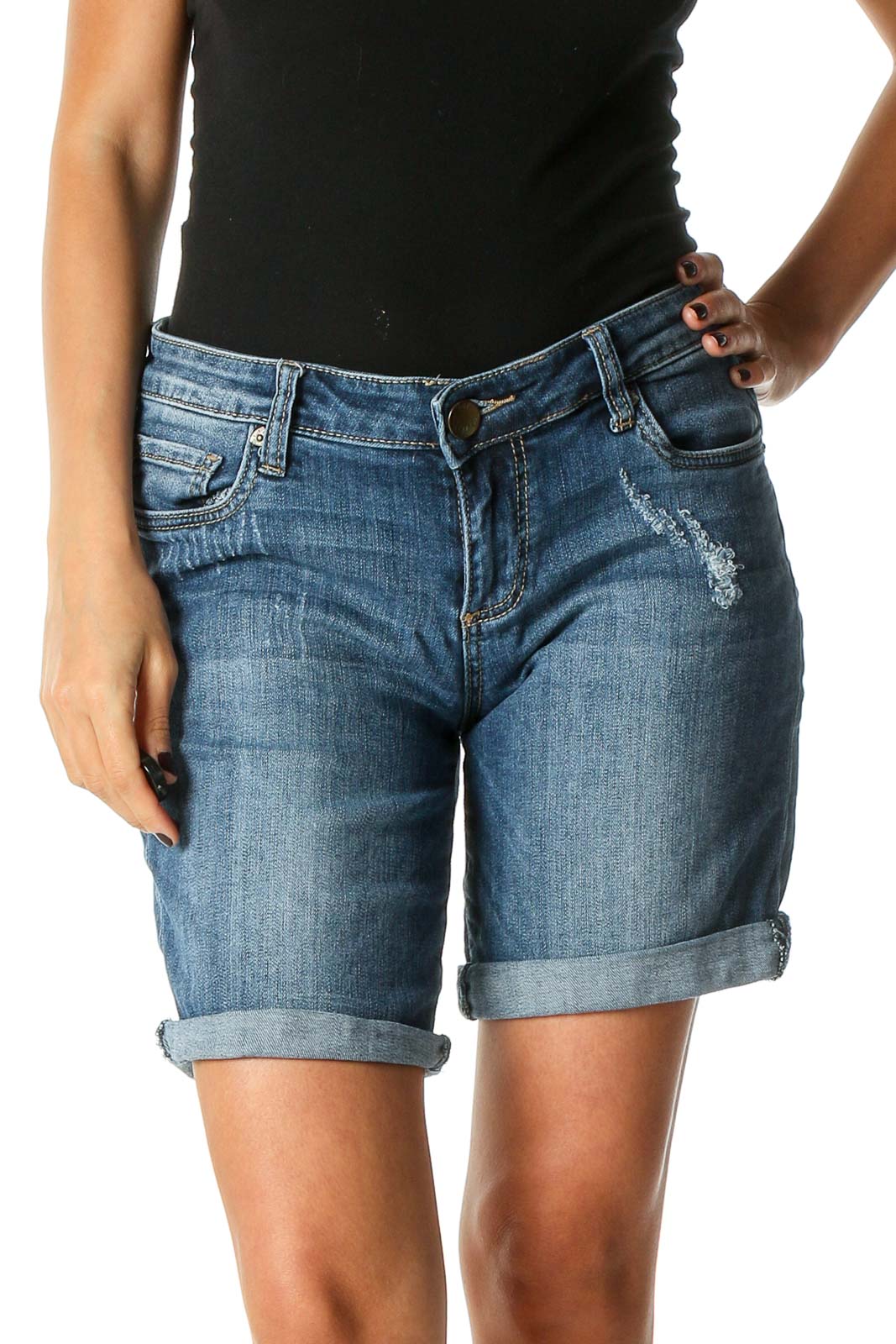 Blue Solid Casual Shorts Front
