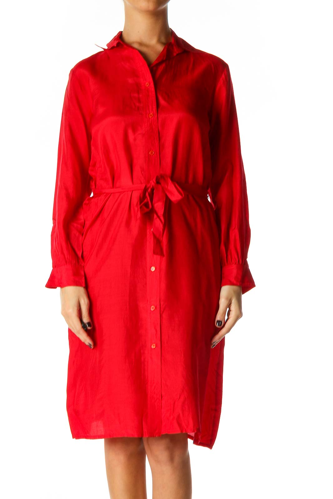 Red Solid Casual Shift Dress Front