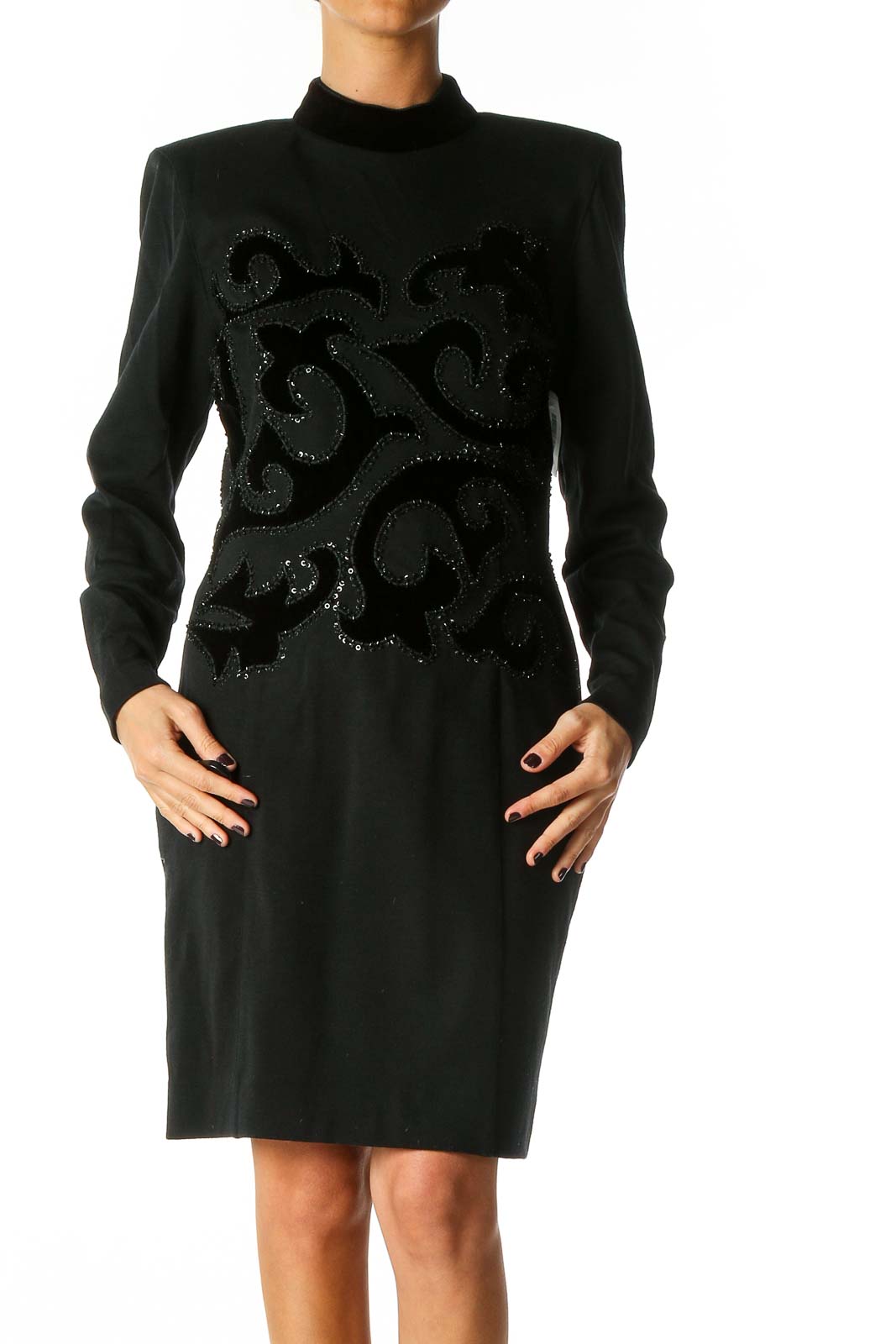 Black Textured Cocktail Sheath Dress Front