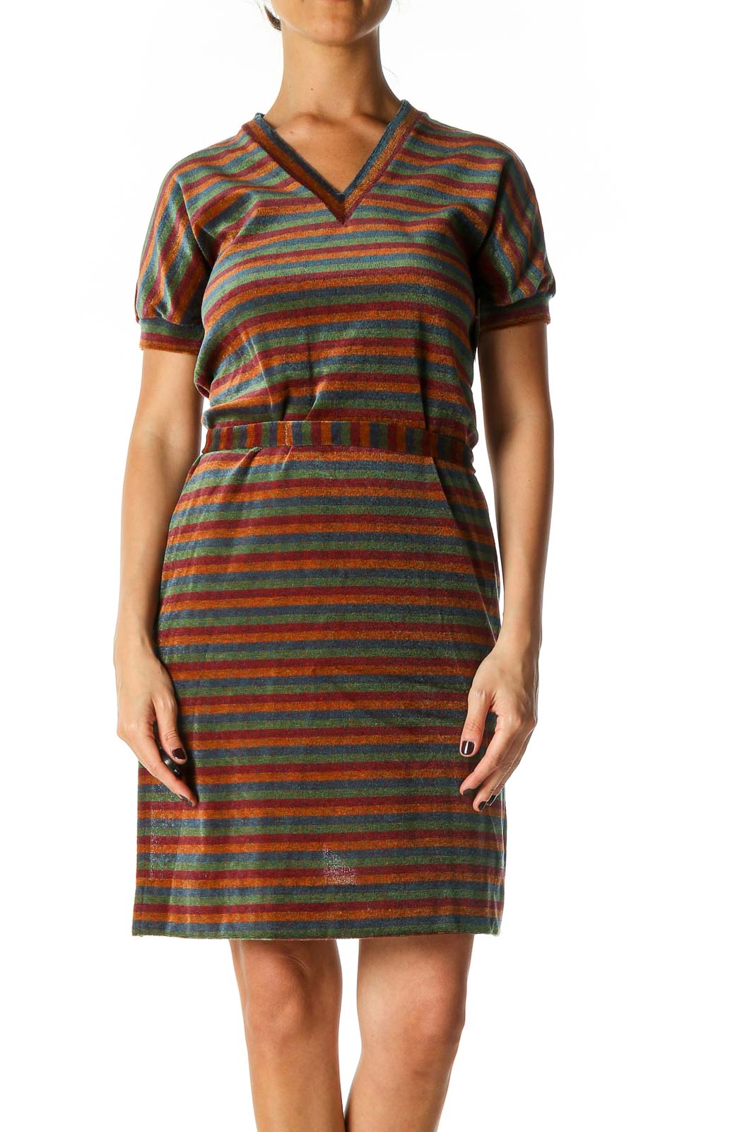 Brown Striped Casual Sheath Dress Front