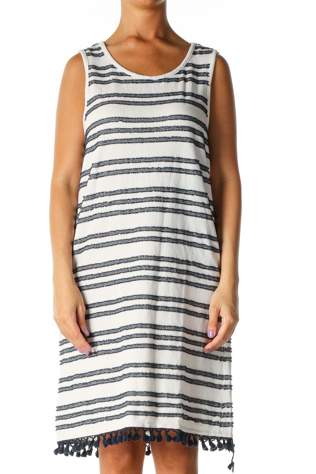 White Striped Casual Shift Dress Front