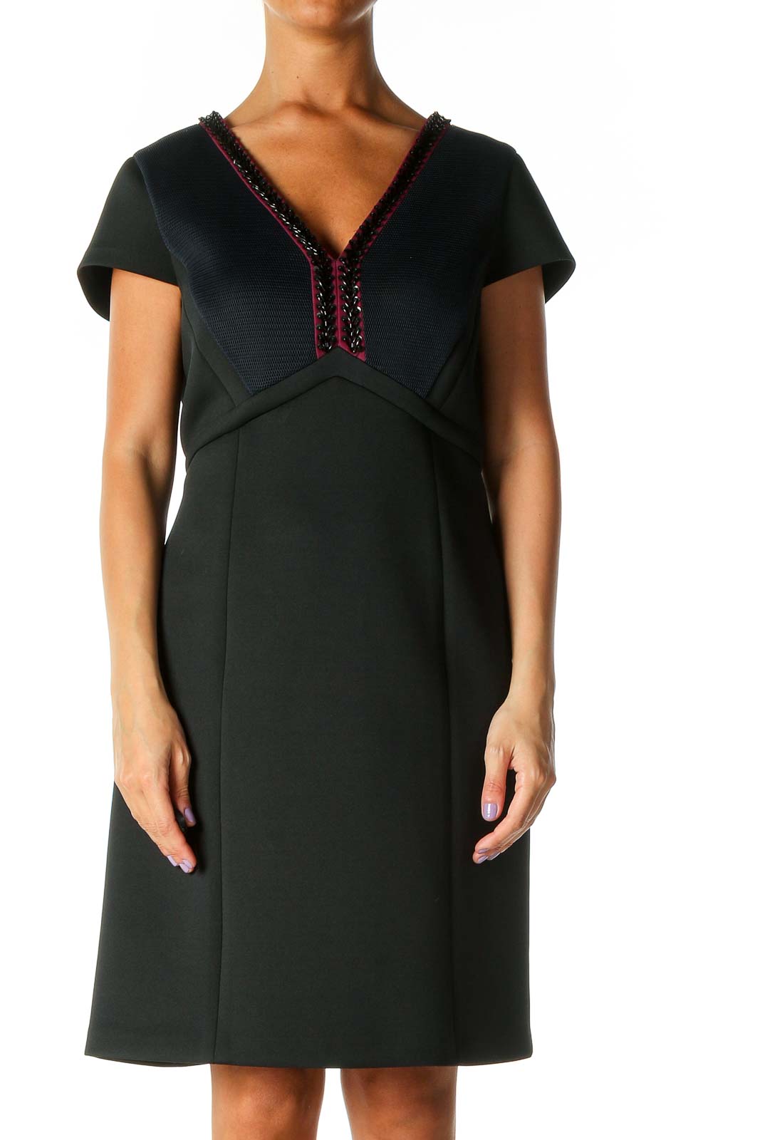 Black Textured Chic Shift Dress Front