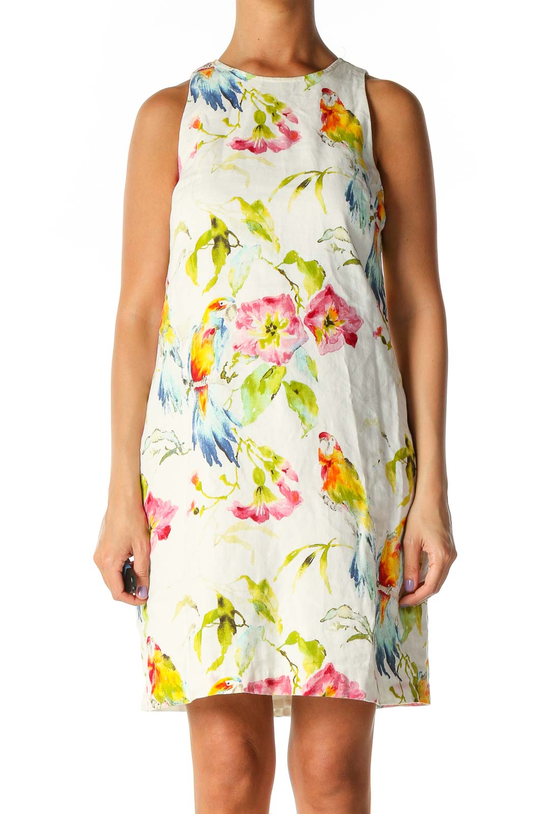 White Floral Print Casual A-Line Dress Front