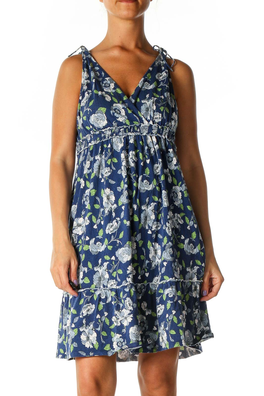 Blue Floral Print Holiday A-Line Dress Front