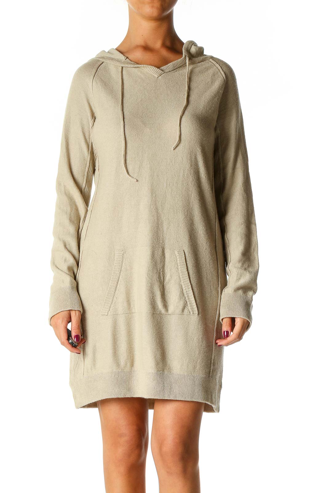 Beige Textured Casual Shift Dress Front