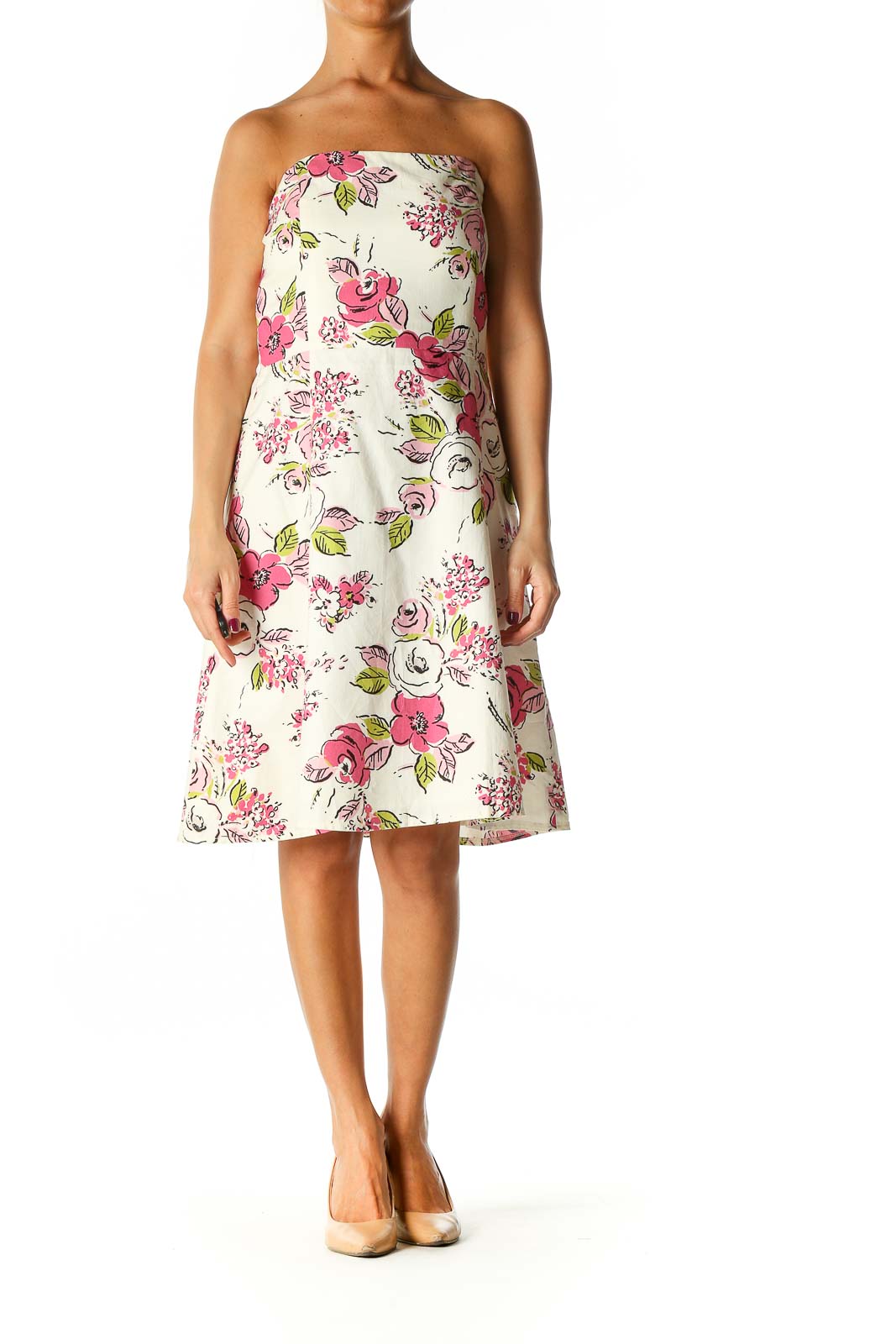 Beige Floral Print Holiday A-Line Dress 