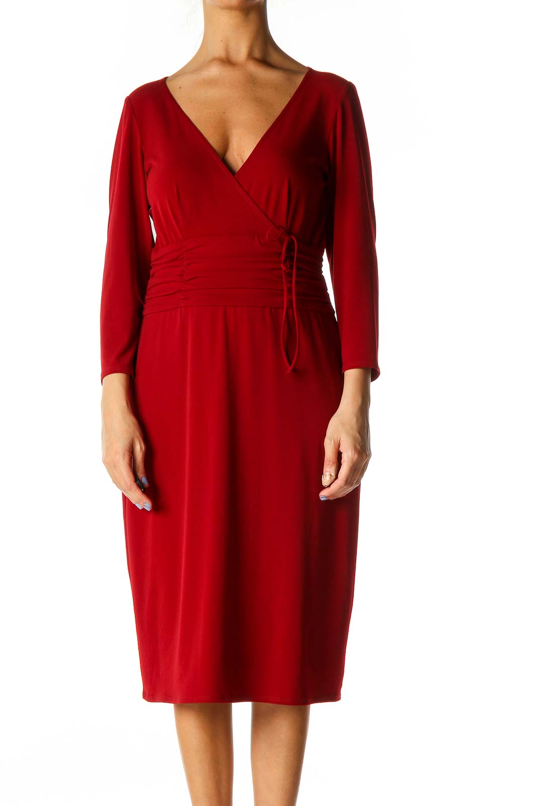 Red Solid Retro Shift Dress Front