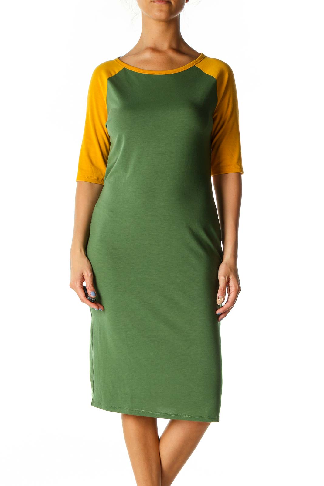 Green Colorblock Casual A-Line Dress Front