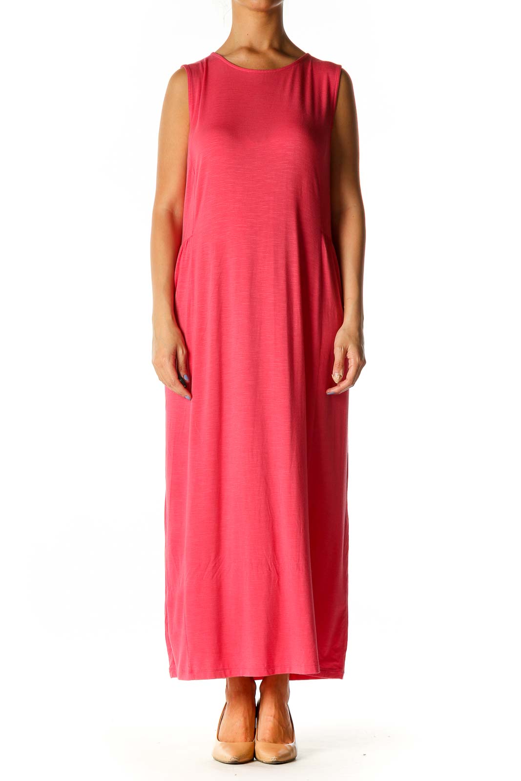 Pink Solid Casual Column Dress Front