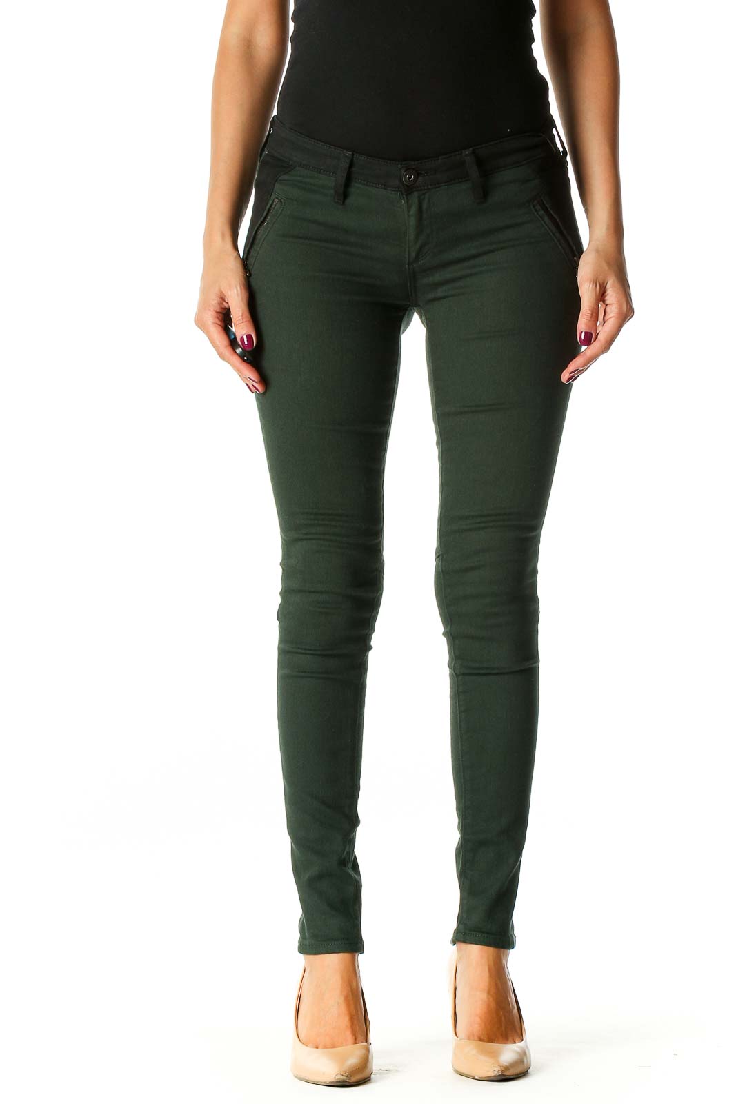 Green Black Solid Chic Skinny Pants Front