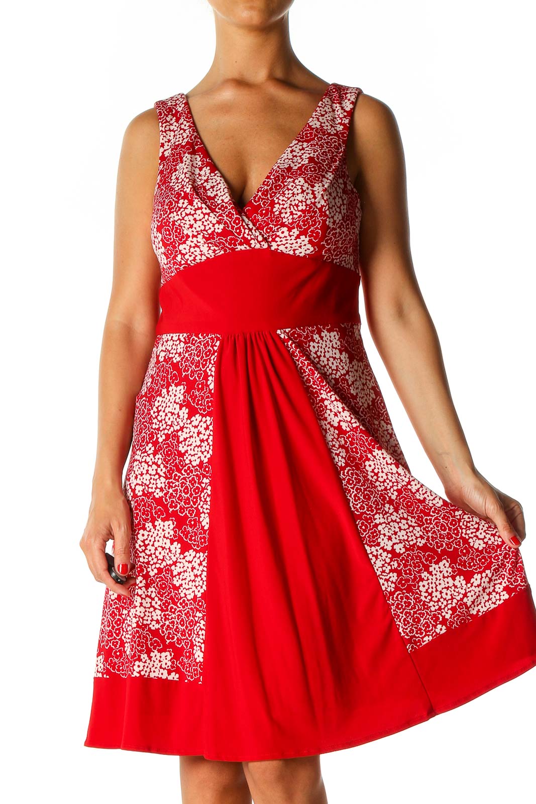Red Floral Print Fit & Flare Dress Front