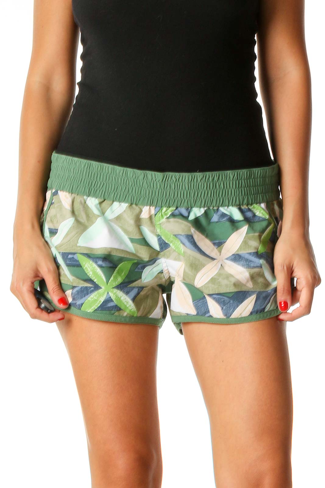 Green Floral Print Sporty Shorts Front
