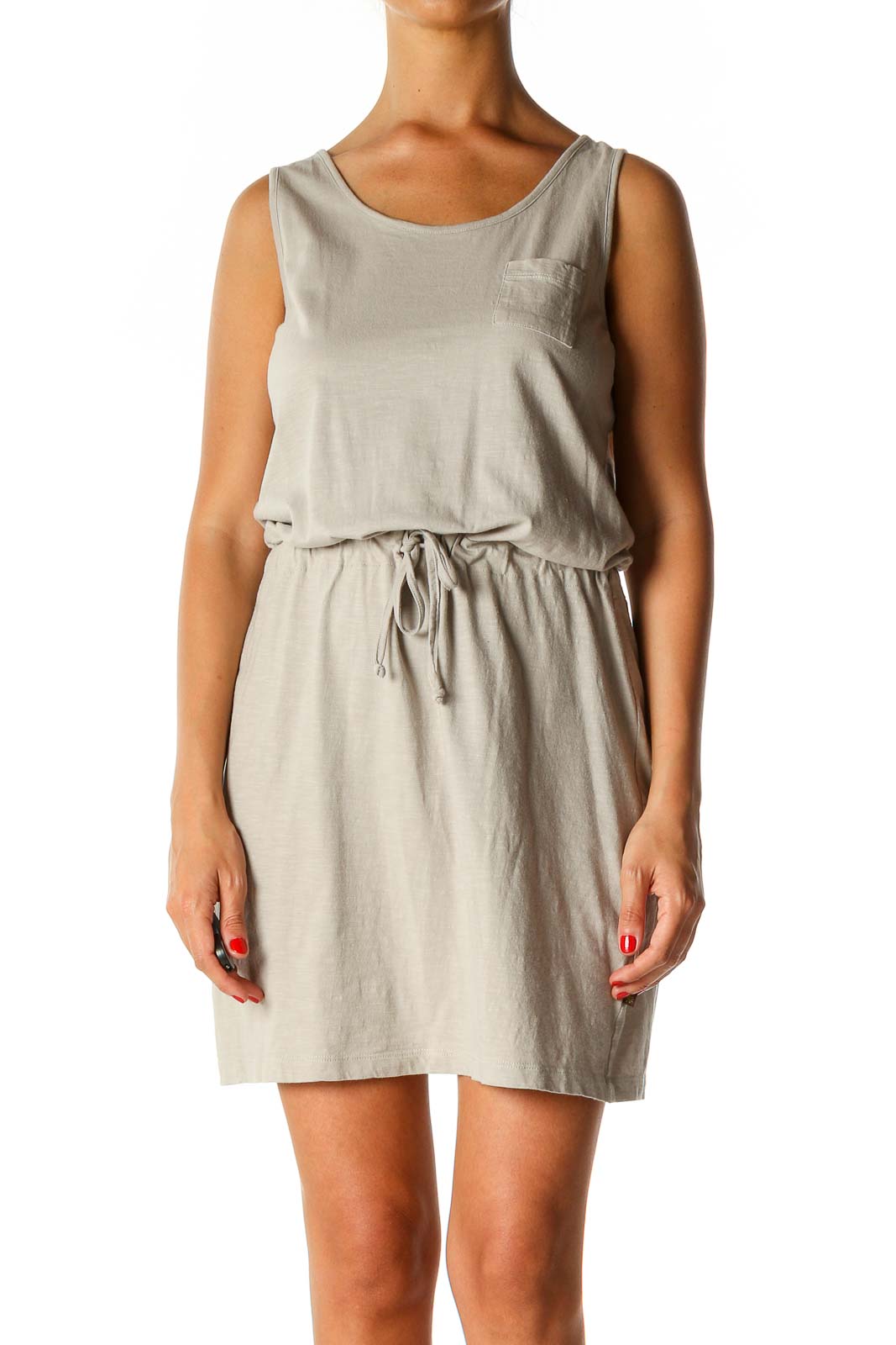 Beige Solid Casual A-Line Dress Front