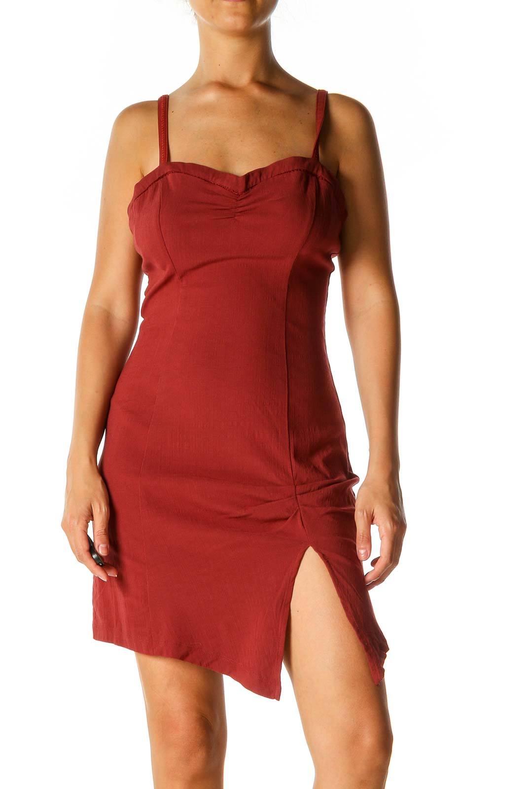 Red Solid Casual Sheath Dress Front