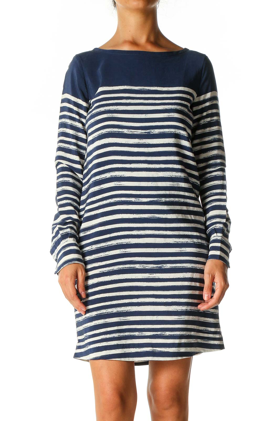 Blue Striped Casual A-Line Dress Front