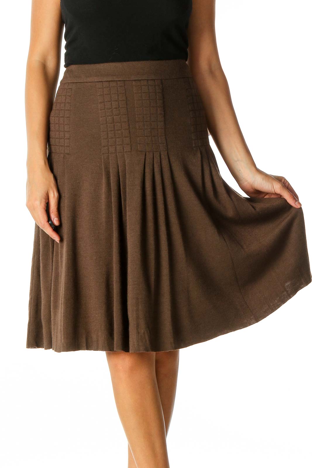 Brown Solid Retro Flared Skirt Front