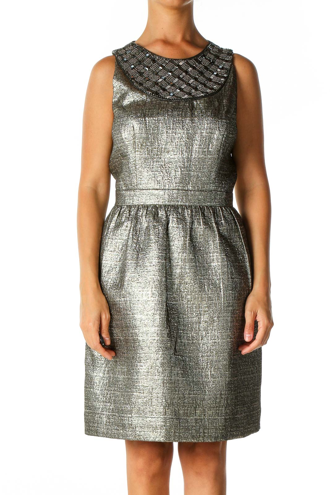 Gray Textured Casual Fit & Flare Dress Front