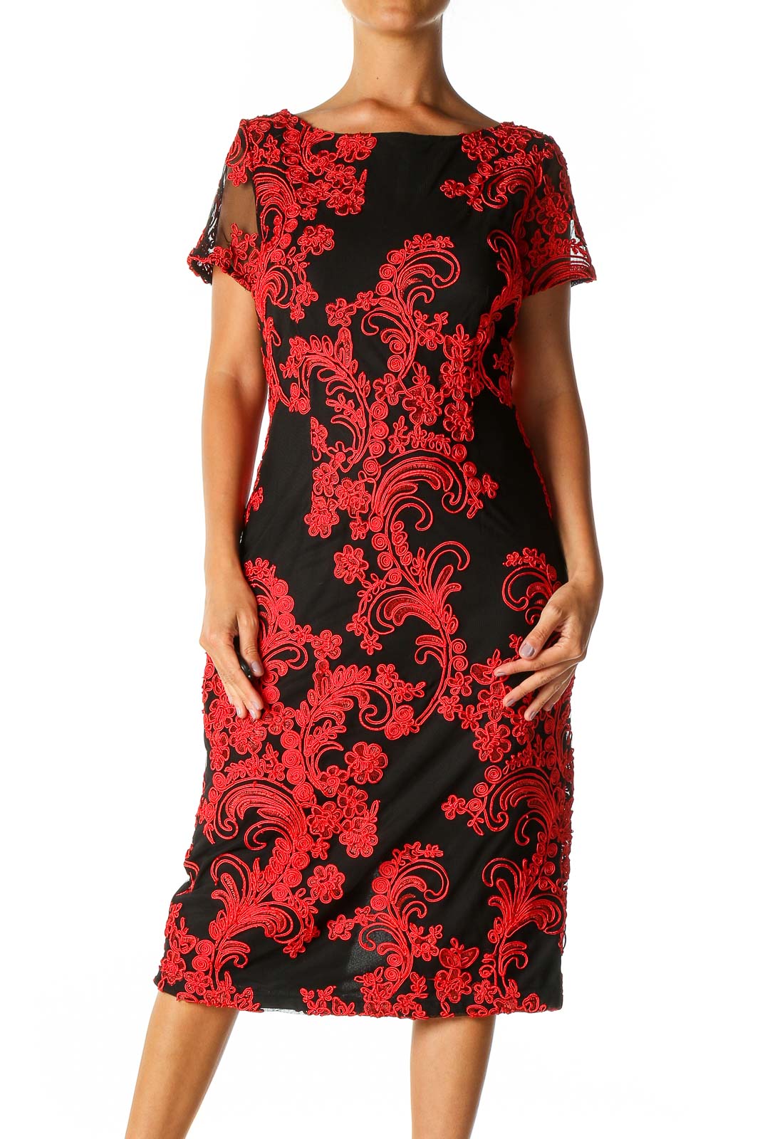Red Textured Holiday A-Line Dress Front