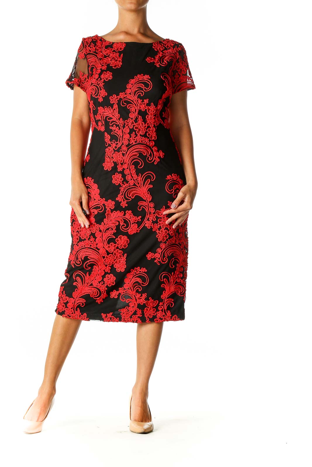 JS Collections - Red Textured Holiday A-Line Dress Polyester