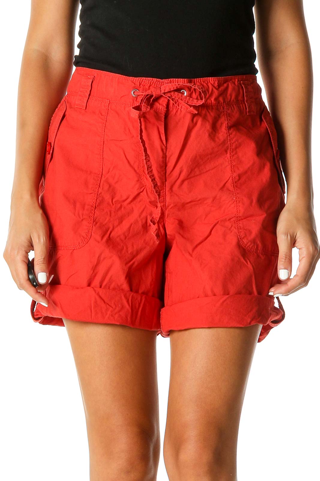Orange Solid Casual Shorts Front