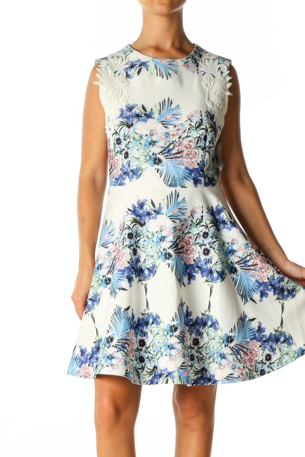 White Floral Print Casual Fit & Flare Dress Front