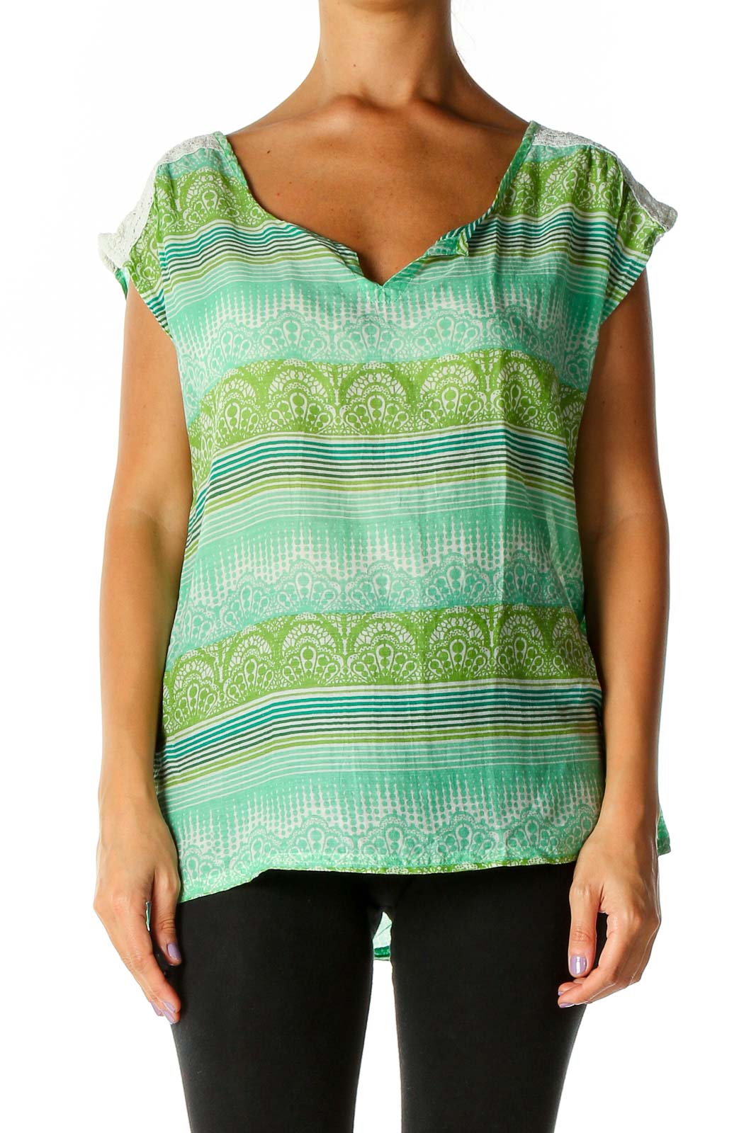 Green Geometric Print Casual Blouse Front