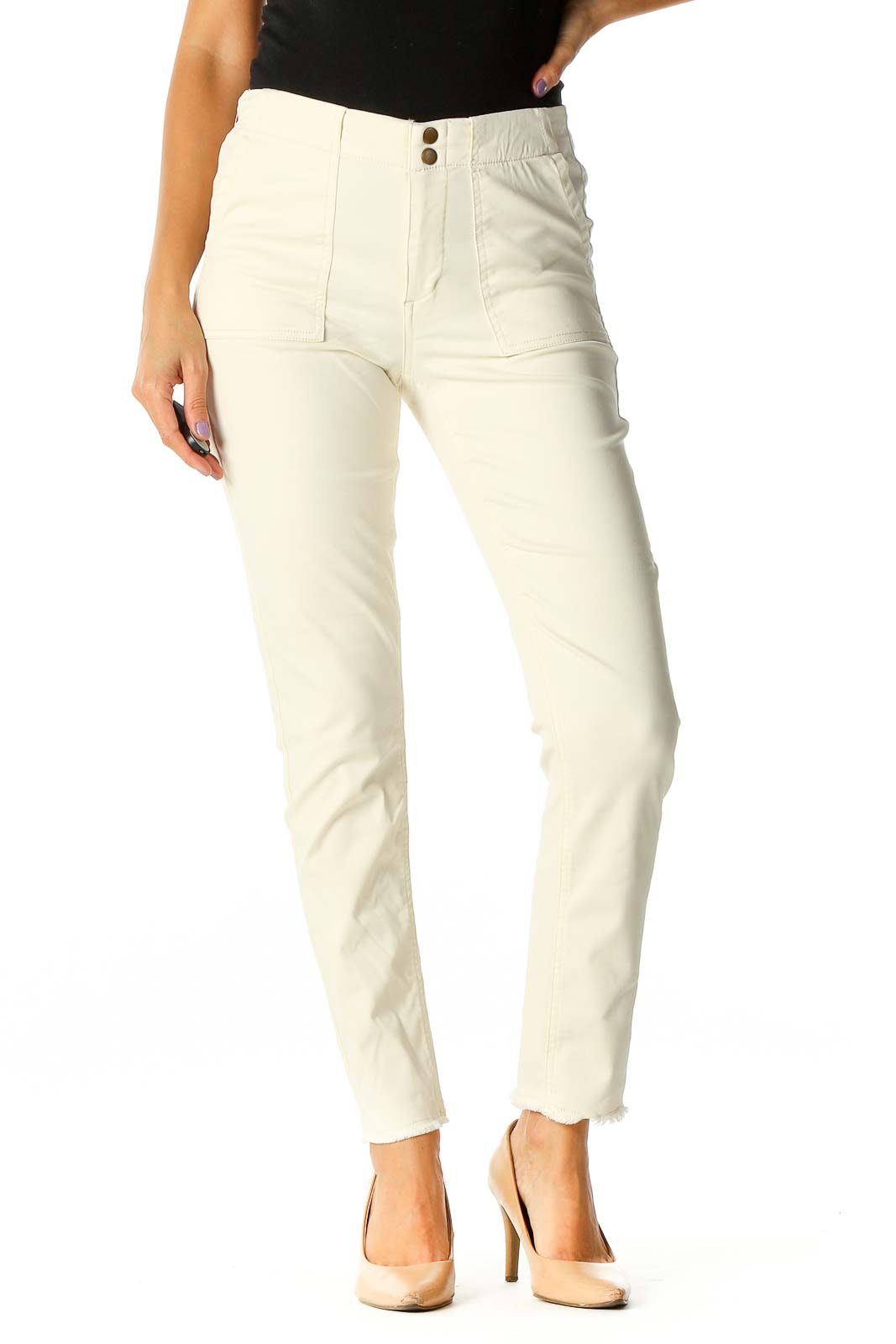 Beige Solid Chic Trousers Front