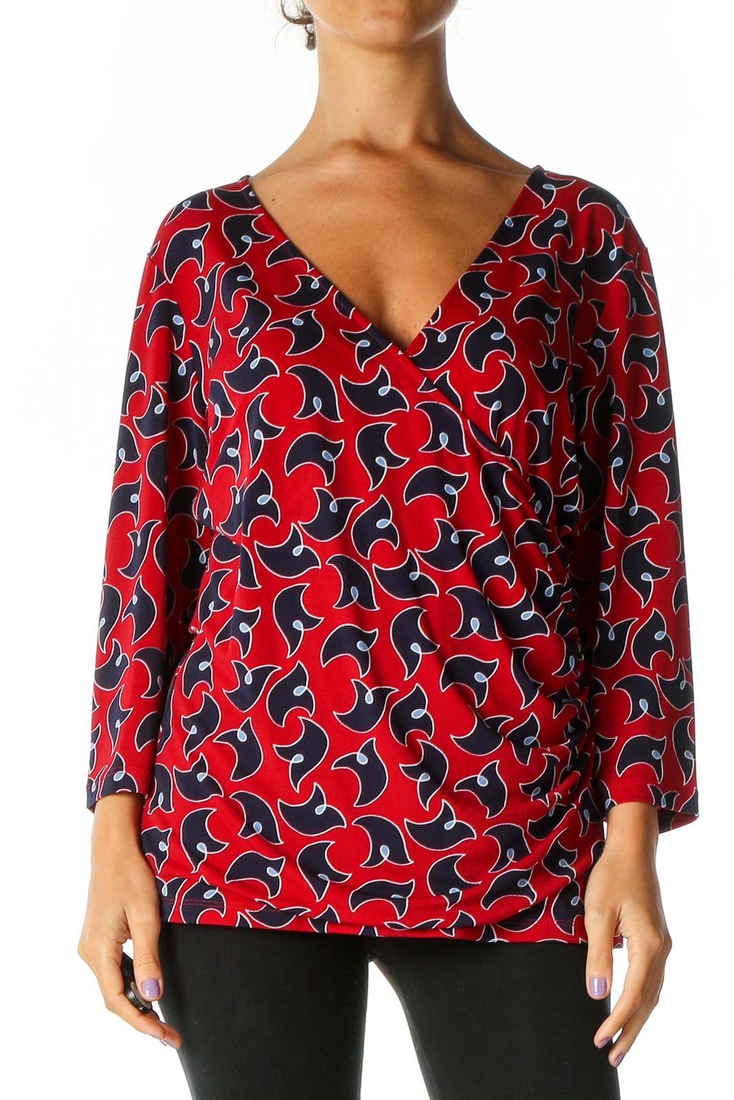 Red Printed Retro Blouse Front