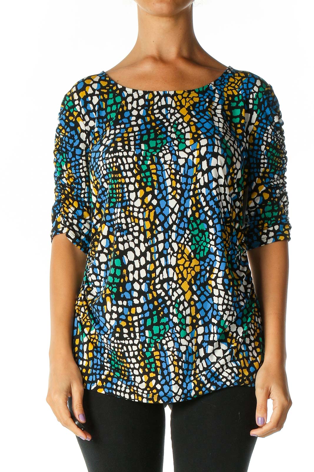 Blue Geometric Print Casual Blouse Front