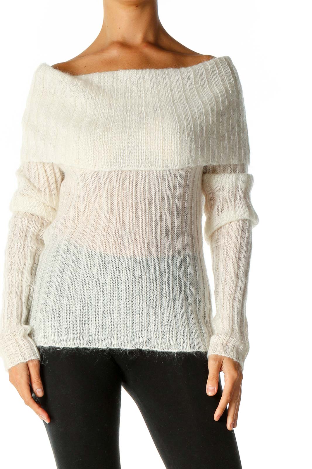 Beige Solid Retro Sweater Front