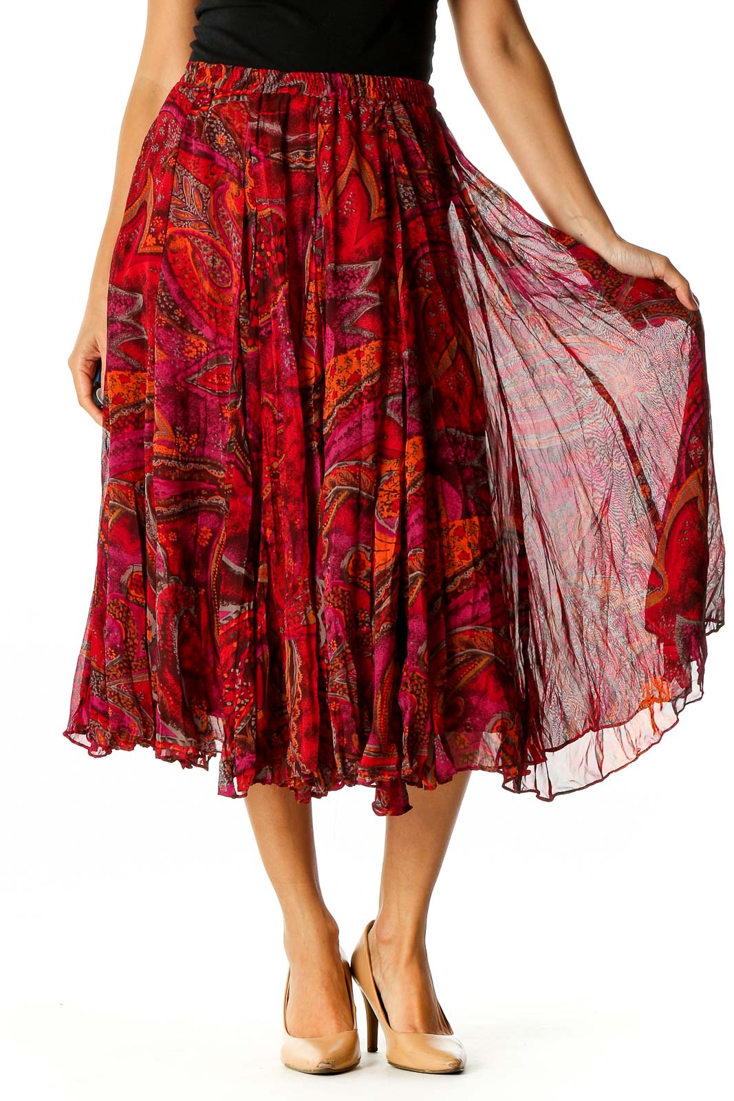 Coldwater Creek - Red Paisley Retro Pleated Skirt Unknown | SilkRoll