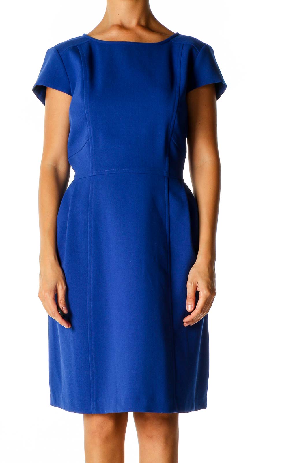 Blue Solid Classic Sheath Dress Front