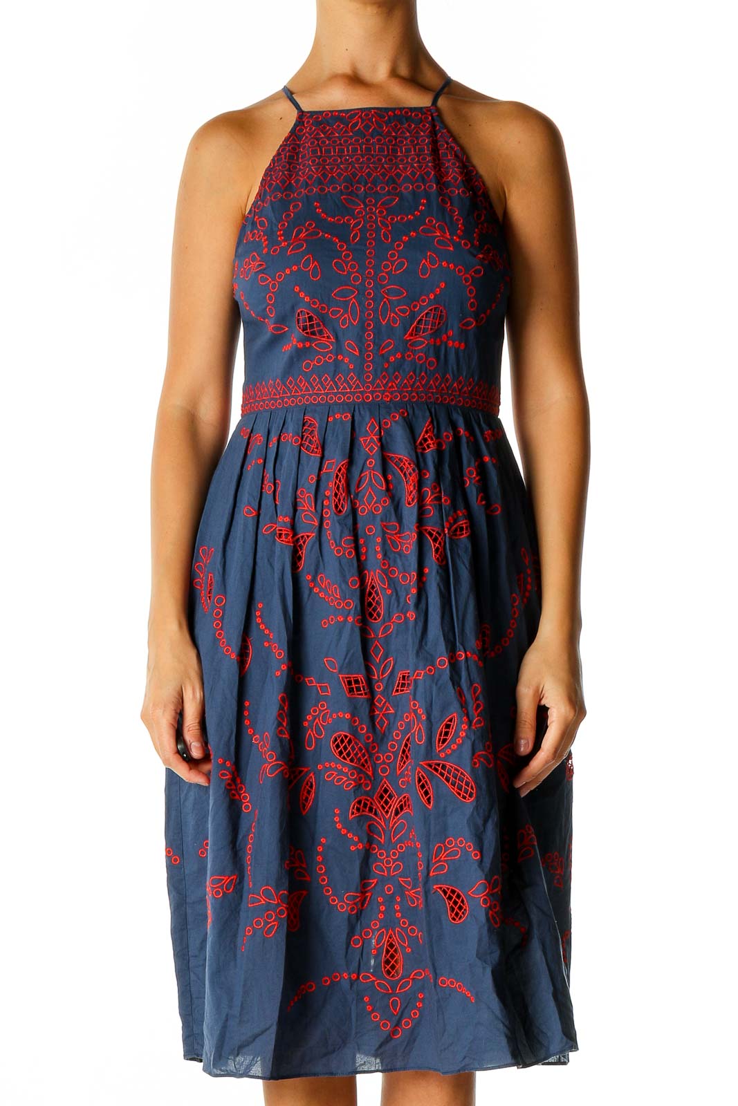 Blue Textured Bohemian Fit & Flare Dress Front
