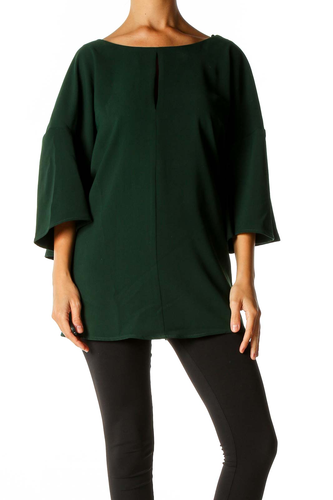 Green Solid Retro Blouse Front