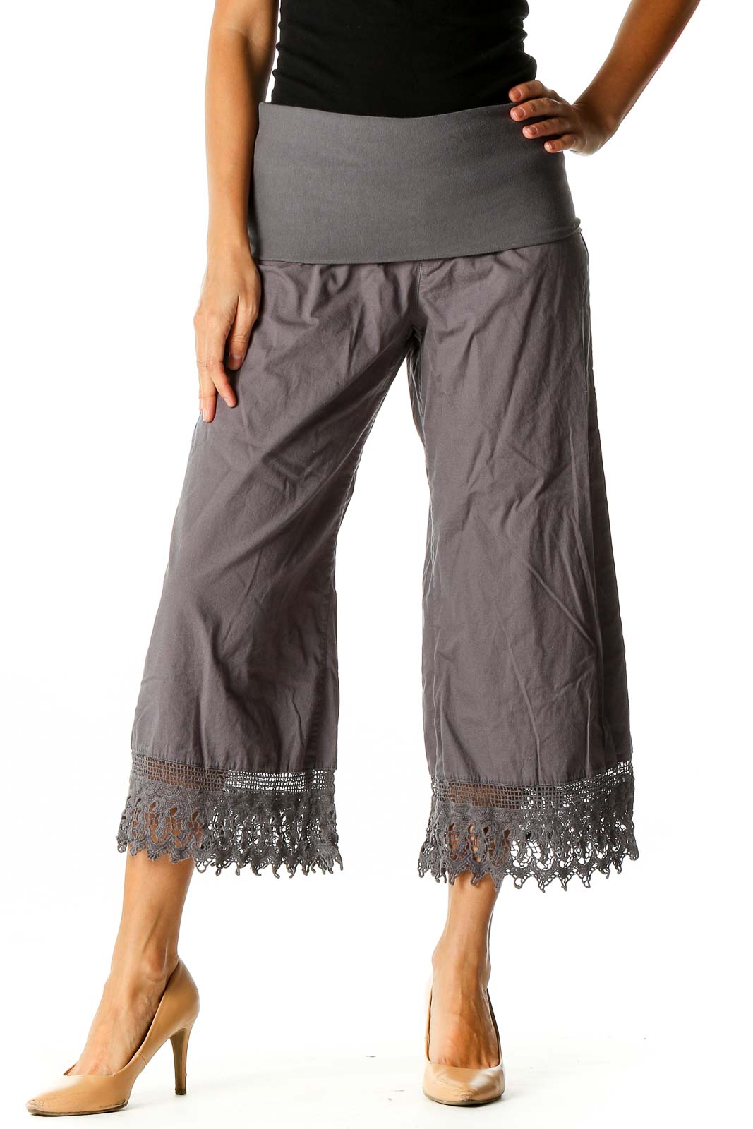Gray Solid Bohemian Pants Front