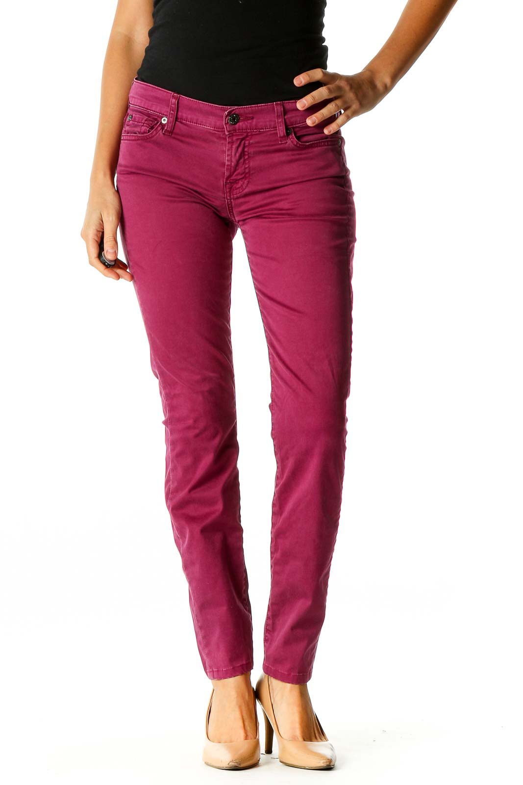 Pink Solid Casual Jeans Front