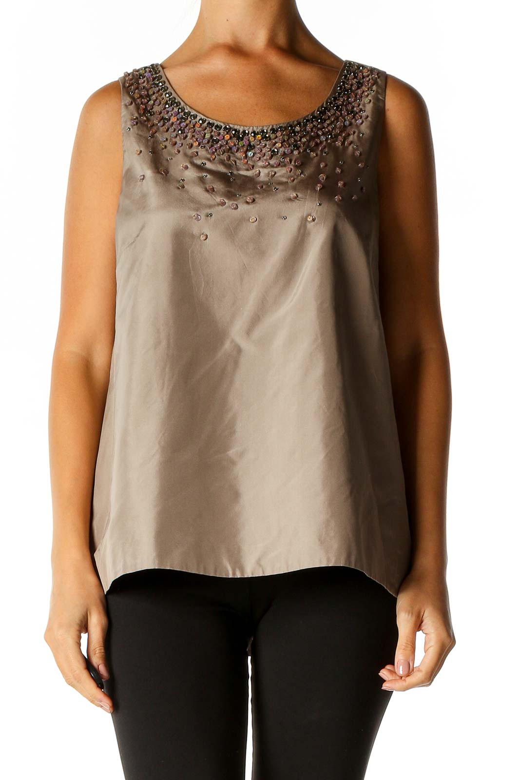 Taupe Embellished Sleeveless Blouse Front