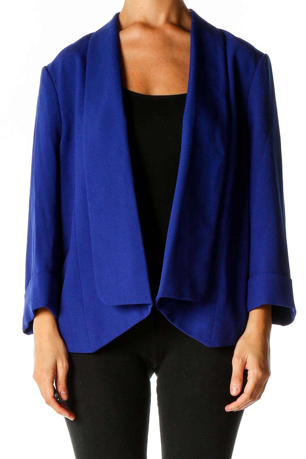Kasper Petite Womens Open Front Blazer Size 12P Blue Lined Long Sleeve