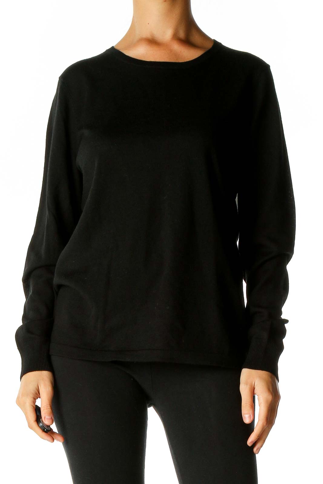 Black Solid Casual Sweater Front