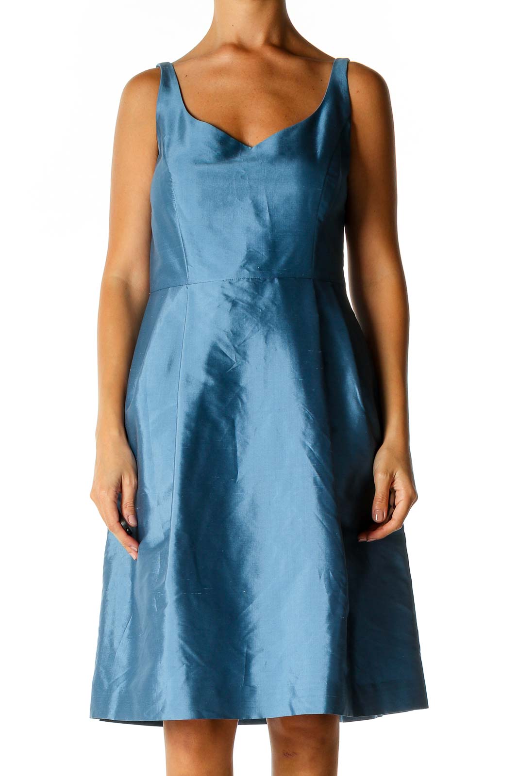Blue Solid Day A-Line Dress Silk | SilkRoll