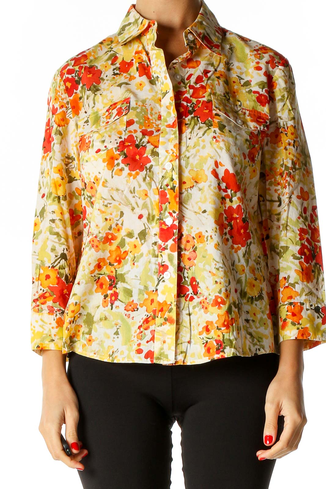 Beige Floral Print All Day Wear Shirt Front