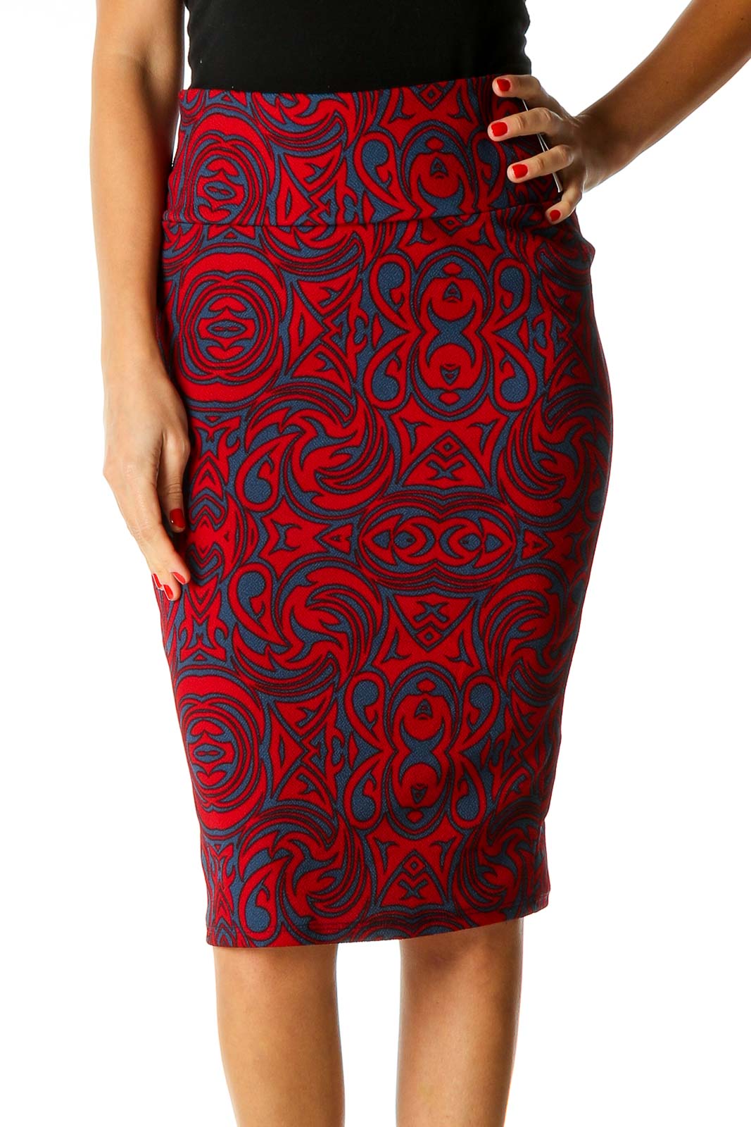 Red Printed Brunch Pencil Skirt Front