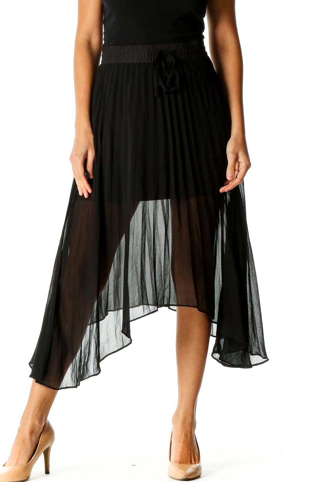 Black Solid Retro Flared Skirt Front